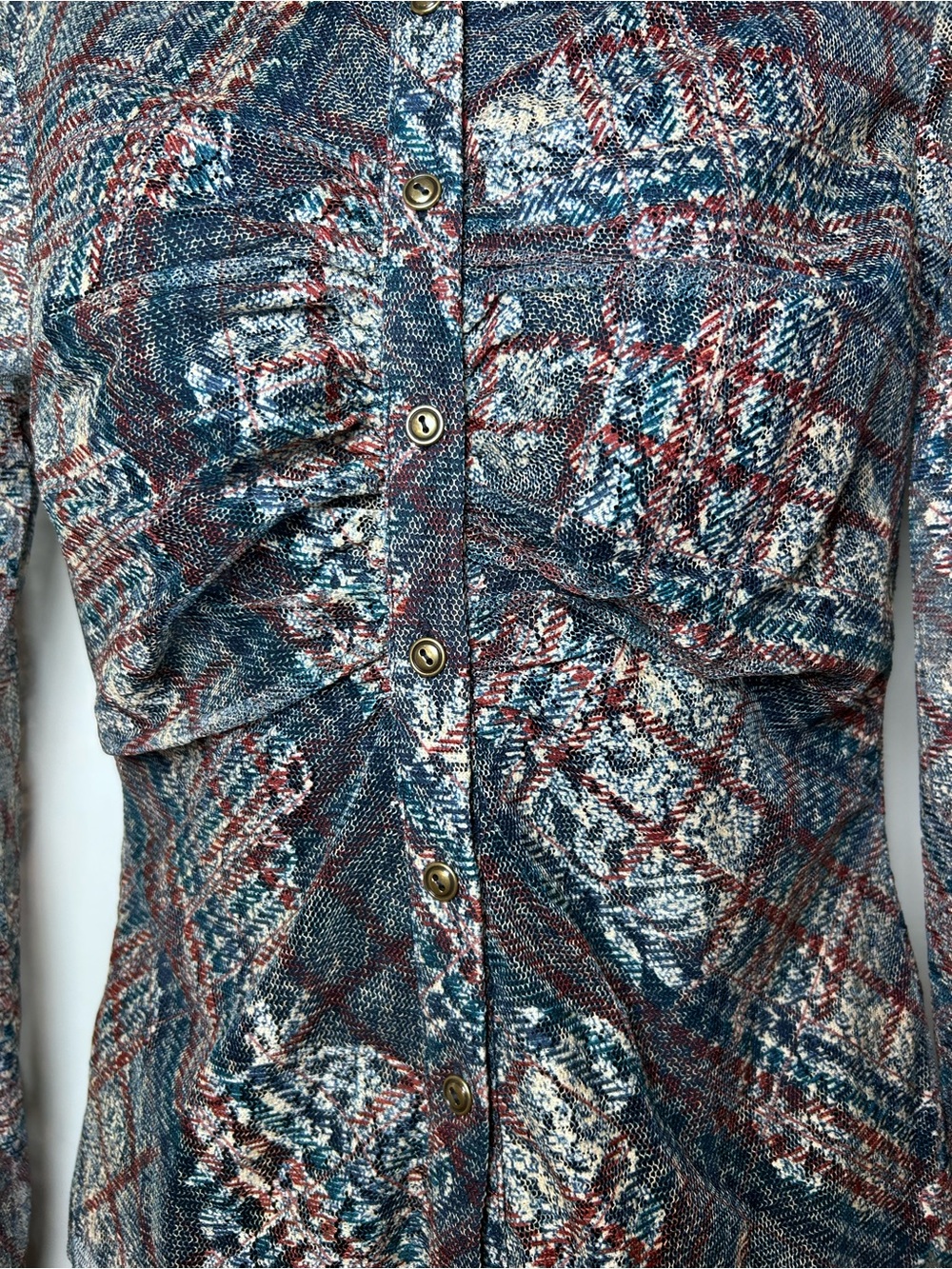 Ramy Brook Hamilton plaid ruched button front top size XS 70s disco sheer mesh - Picture 4 of 11